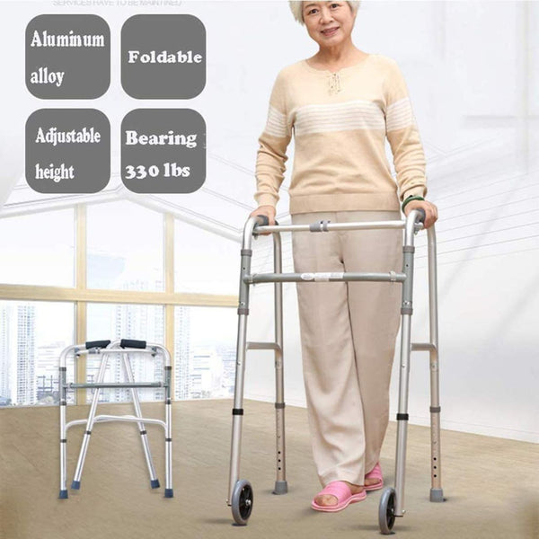 Adult Walker with Wheels - Foldable, Height Adjustable, Reciprocating Walking Frame