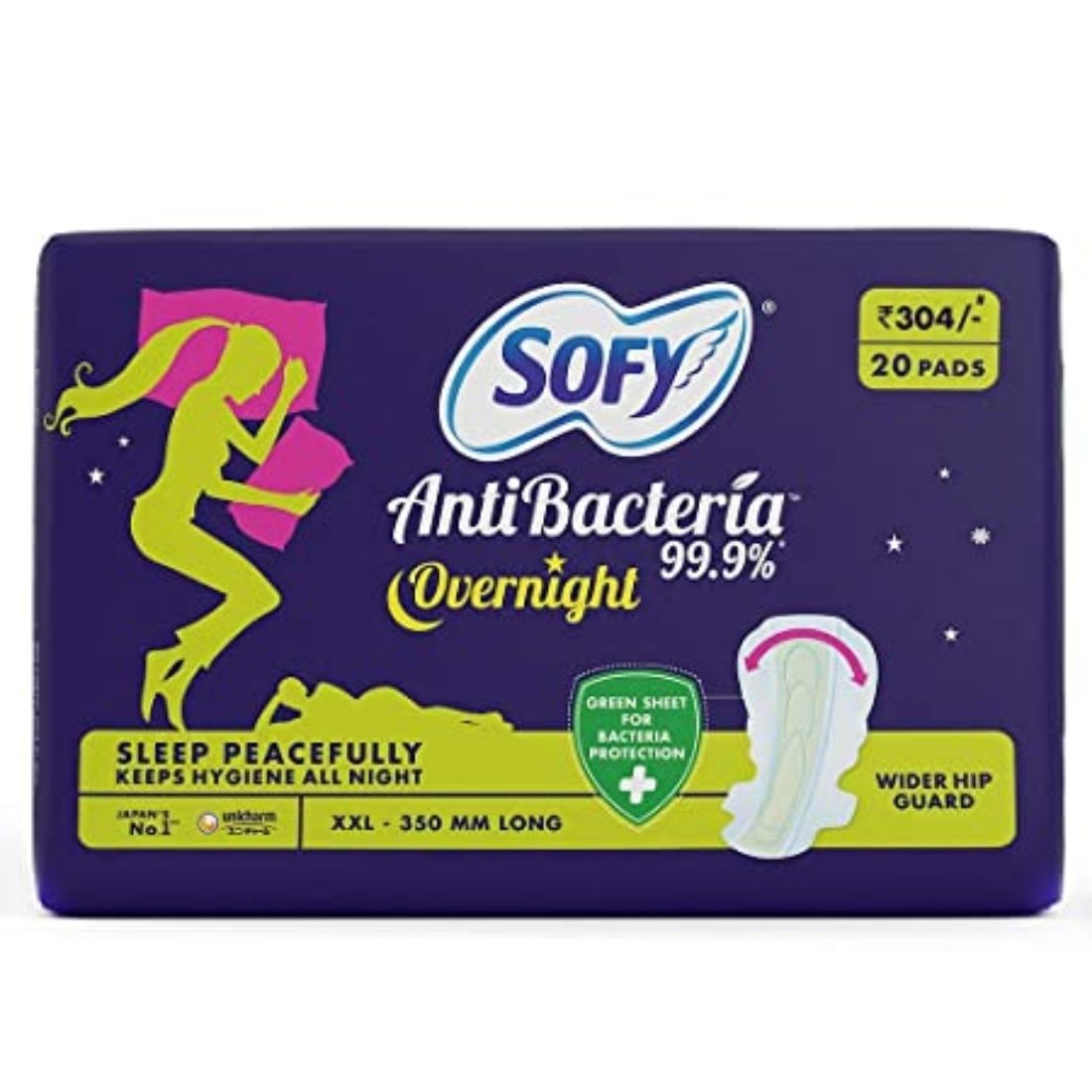 Buy Sofy Antibacteria Overnight Sanitary Napkins that gives 99.9% Bacteria Protection along with longer length and wider hip guard for extra protection