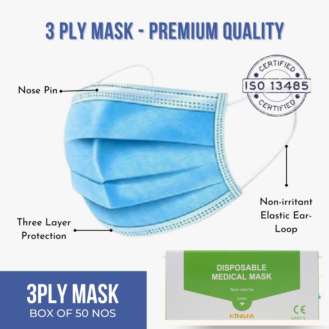 3 Ply Mask with Nose Pin - Premium Quality - 50 Pcs/Box