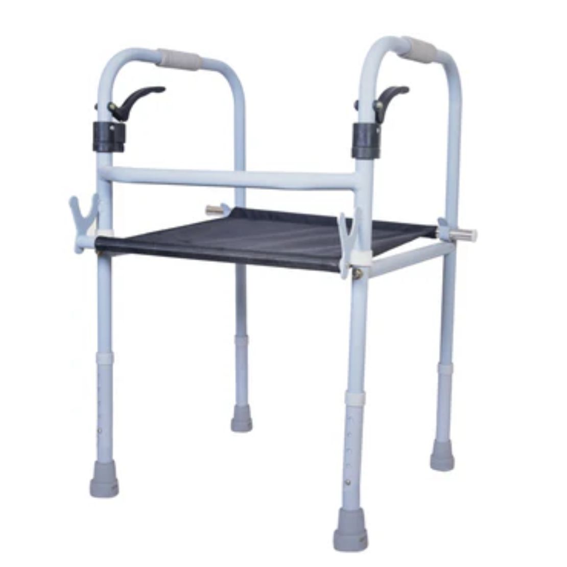 Vissco Dura Step Walker (Aluminium) with Seat Self-standing on four legs, it has a unique lever mechanism that allows you to adjust the height of the walker's front legs according to the need and physical characteristics of the user